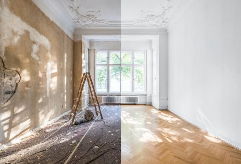 apartment renovation - empty room before and after refurbishment or restoration Fire Damage Restoration
