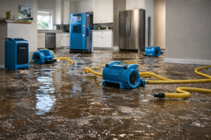 Presto Water Damage team performing emergency water damage restoration in a flooded Las Vegas home with professional drying equipment