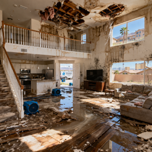 Water damage inside Las Vegas home with ceiling collapse, wet floors, and visible interior damage